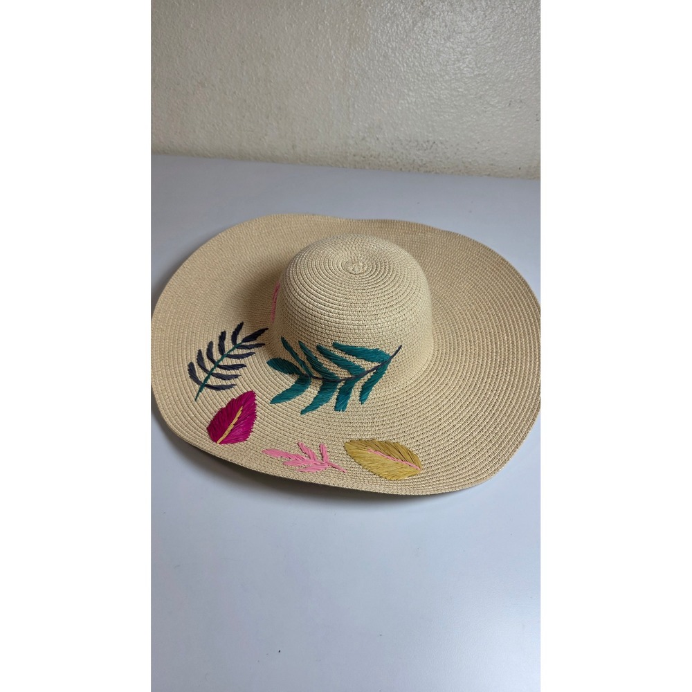 Merona Sun Hat Womens OS Beige Embroidered Leaf Straw Wide Brim Summer Beach